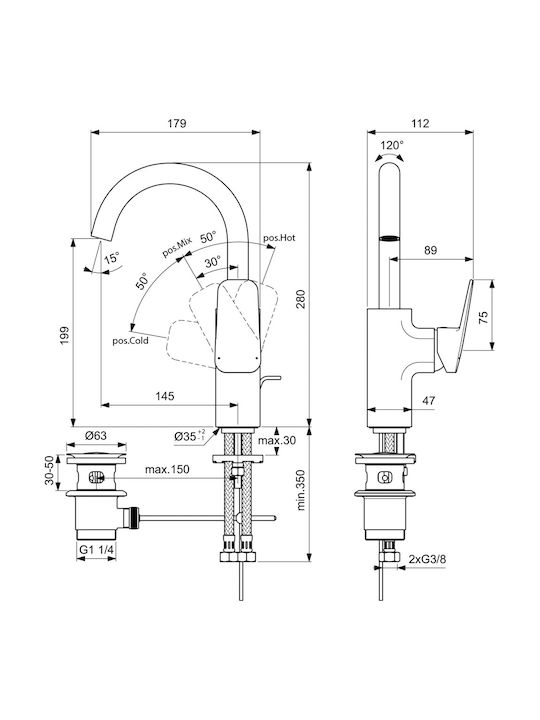 Ideal Standard Ceraplan BD235AA Αναμεικτική Μπαταρία Νιπτήρα Ψηλή Ασημί