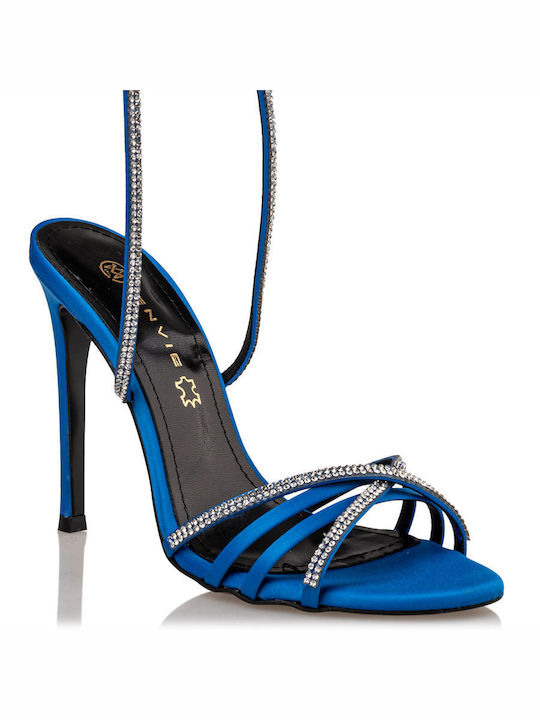 Envie Shoes Υφασμάτινα Γυναικεία Πέδιλα με Λεπτό Ψηλό Τακούνι σε Μπλε Χρώμα