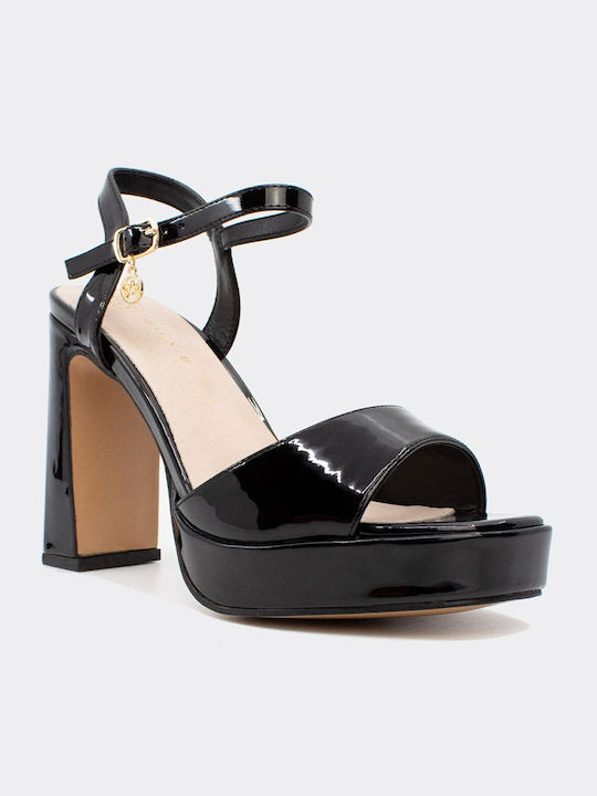 Envie Shoes Γυναικεία Πέδιλα από Λουστρίνι με Χοντρό Ψηλό Τακούνι σε Μαύρο Χρώμα