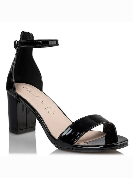 Envie Shoes Γυναικεία Πέδιλα από Λουστρίνι με Χοντρό Μεσαίο Τακούνι σε Μαύρο Χρώμα
