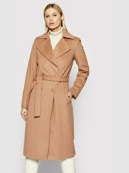 Guess Dounia Women's Wool Midi Coat with Buttons Brown