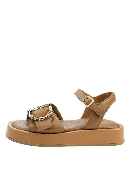 Paola Ferri Leather Women's Flat Sandals With a strap Flatforms In Tabac Brown Colour