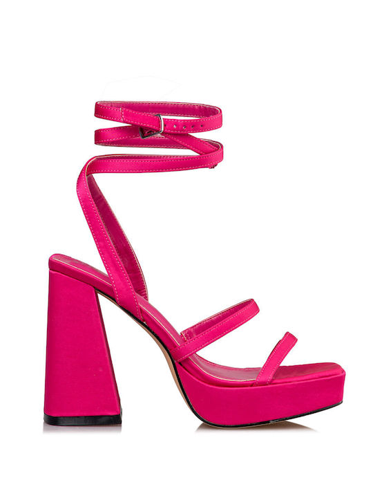 Envie Shoes Υφασμάτινα Γυναικεία Πέδιλα με Χοντρό Ψηλό Τακούνι σε Ροζ Χρώμα