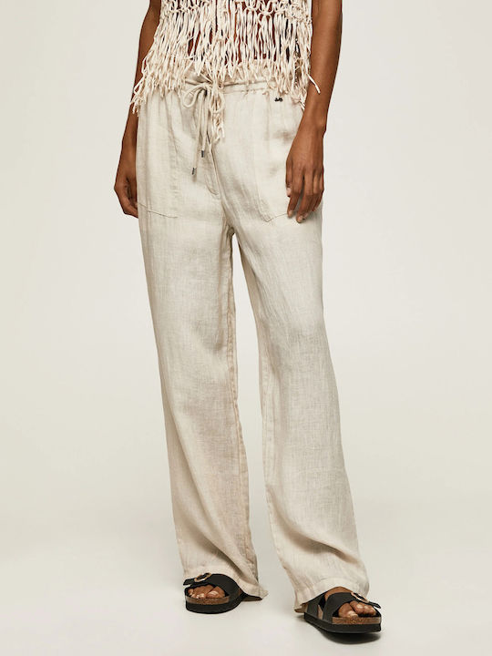 Pepe Jeans Women's Fabric Trousers in Palazzo Fit Beige