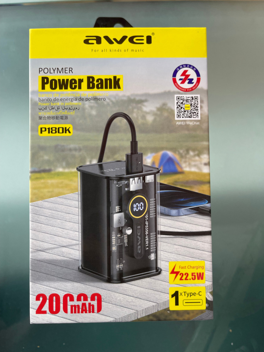 Awei P180K Power Bank 20000mAh 22.5W with USB-A Port and USB-C Port Power Delivery Black
