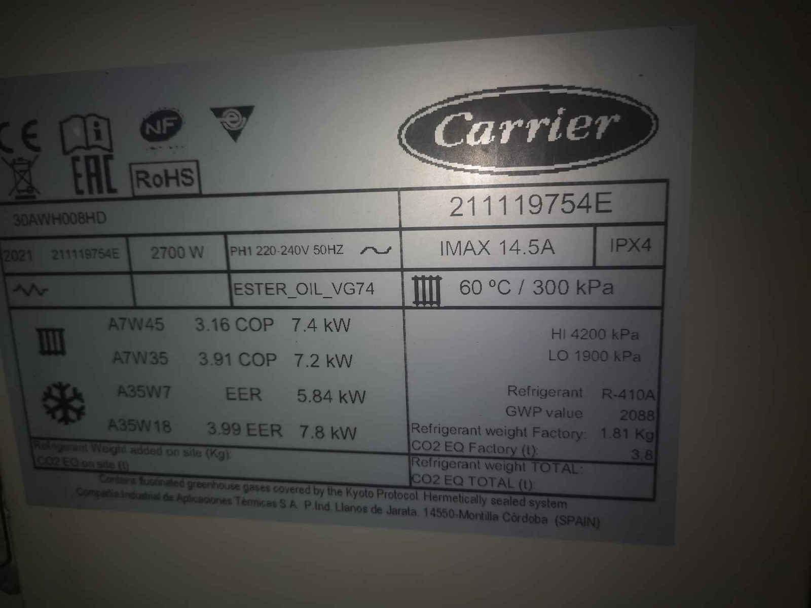 Carrier AquaSnap Plus 30AWH012-HD Pompa de căldură 11.86kW Cu o singură fază 60°C Monoblock