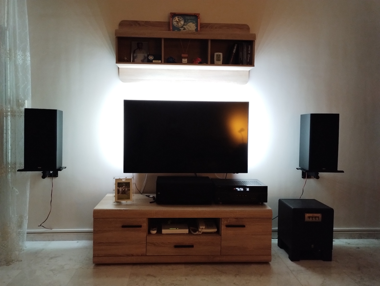 Living Room TV Unit with Showcase & Lighting Beige L218xW54xH194cm