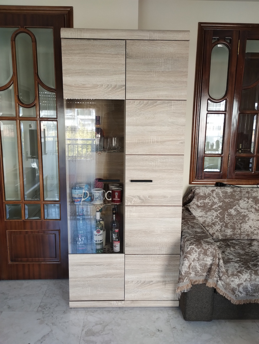Living Room TV Unit with Showcase & Lighting Beige L218xW54xH194cm