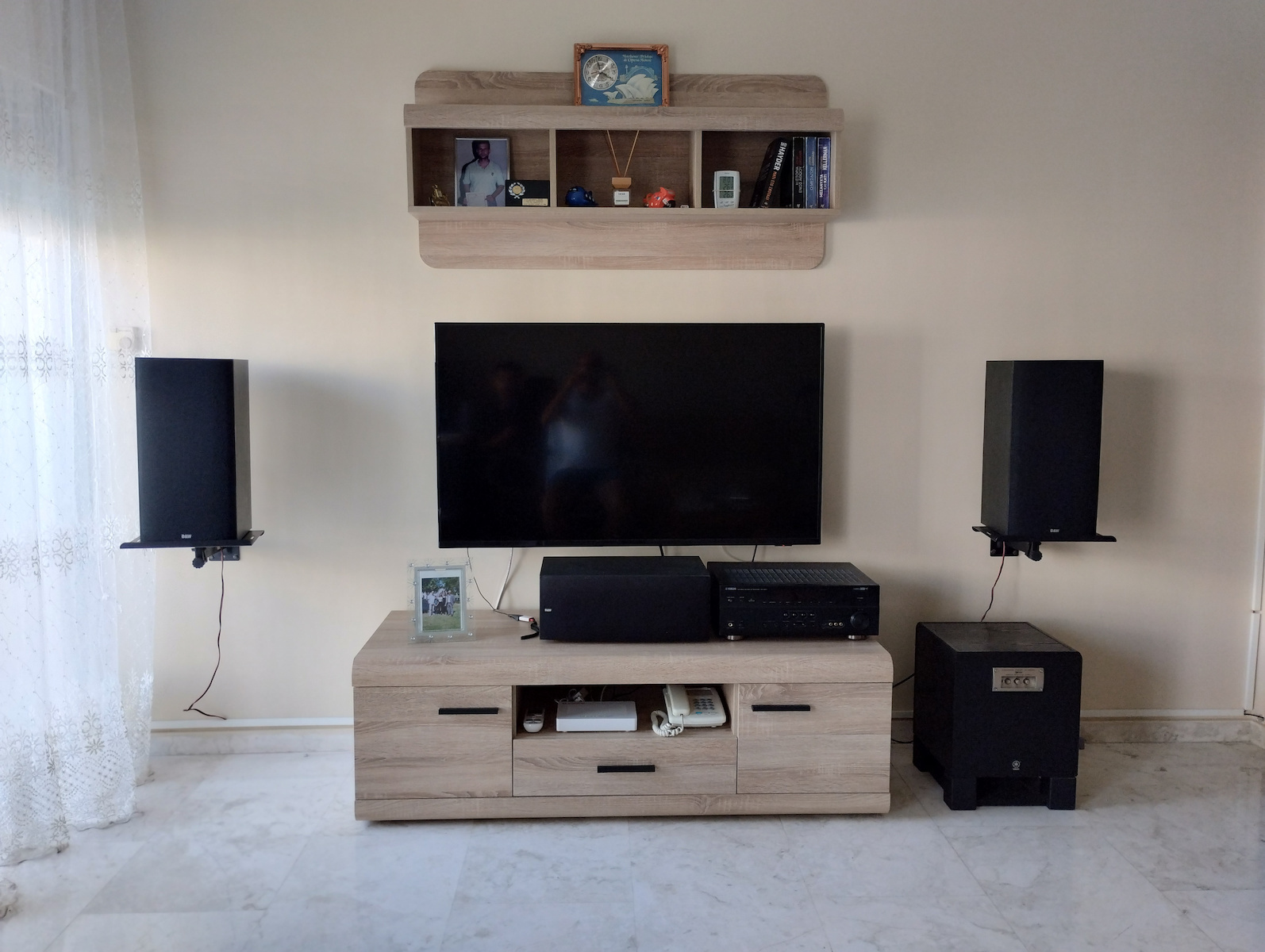 Living Room TV Unit with Showcase & Lighting Beige L218xW54xH194cm