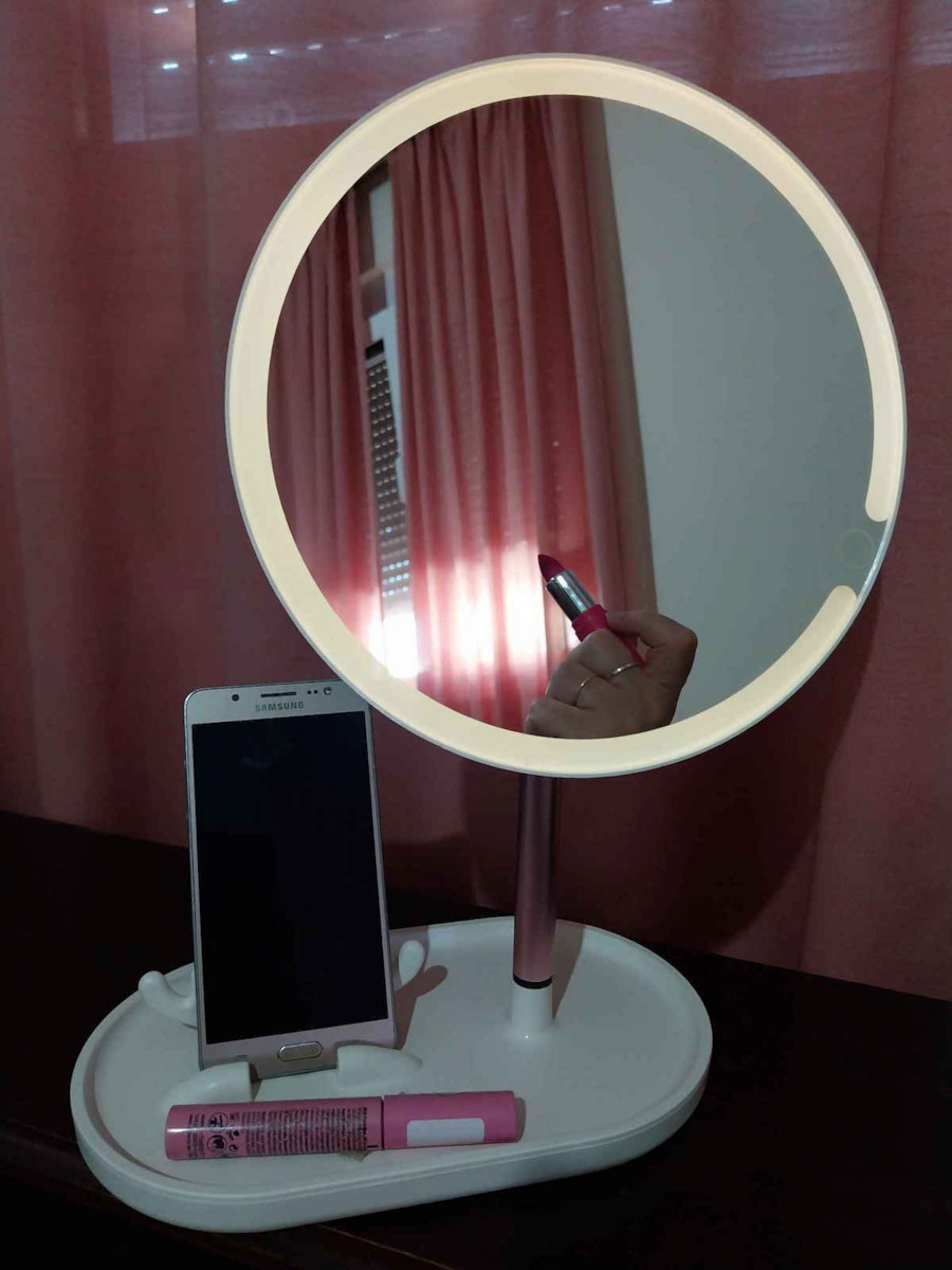 Tabletop LED Lighted Makeup Mirror Round with Phone Holder, Adjustable Mirror and Lighting Angle, USB Cable Connection 24x14x35cm
