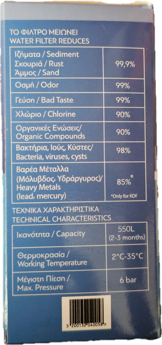Proteas Filter Ανταλλακτικό Φίλτρο Νερού για Βρύση από Ενεργό Άνθρακα 0.3 μm
