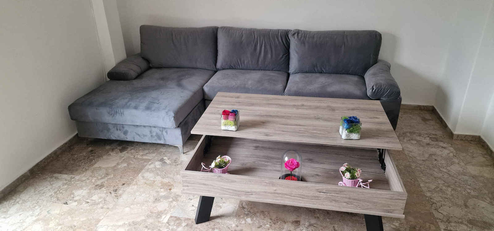 Rechteckiges Zentral Kaffeetisch Nr 12 Holz mit Hebemechanismus Staubfarben M119xBreite66.5xHöhe41cm