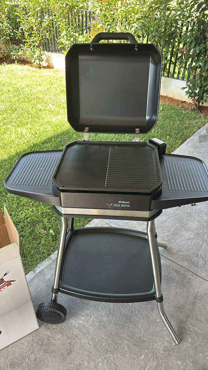 Primo PRBQ-40499 With Legs Electric Grill Smooth and Ribbed Plate 3050W with Lid and Adjustable Thermostat 41.8cmx37.3cmcm