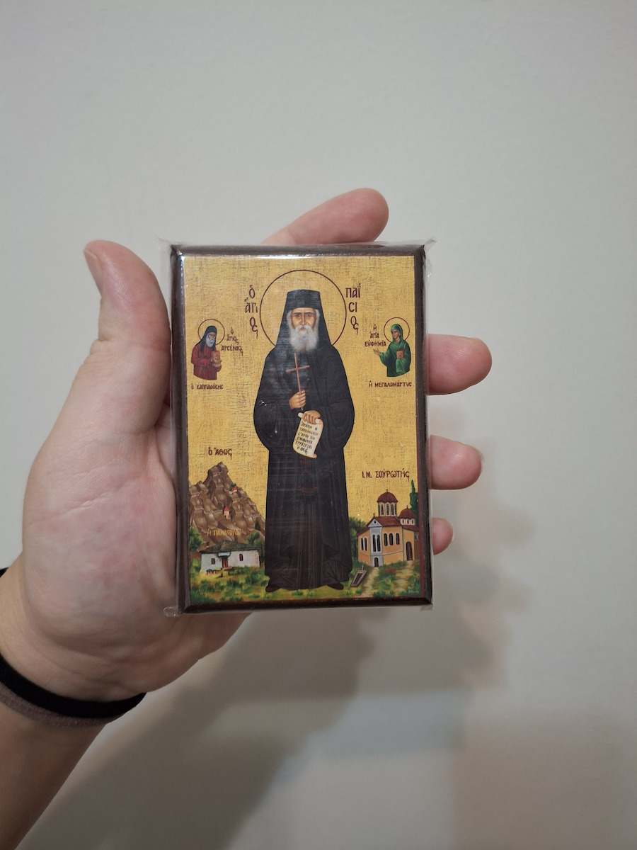 Saint Paisios Mount Athos Full-Body Image in the Holy Monastery of Souroti Paper Frame Category Krn No 00 Dimensions 6.5cm X 9.5cm Wooden MDF S&k Byzantine Icons