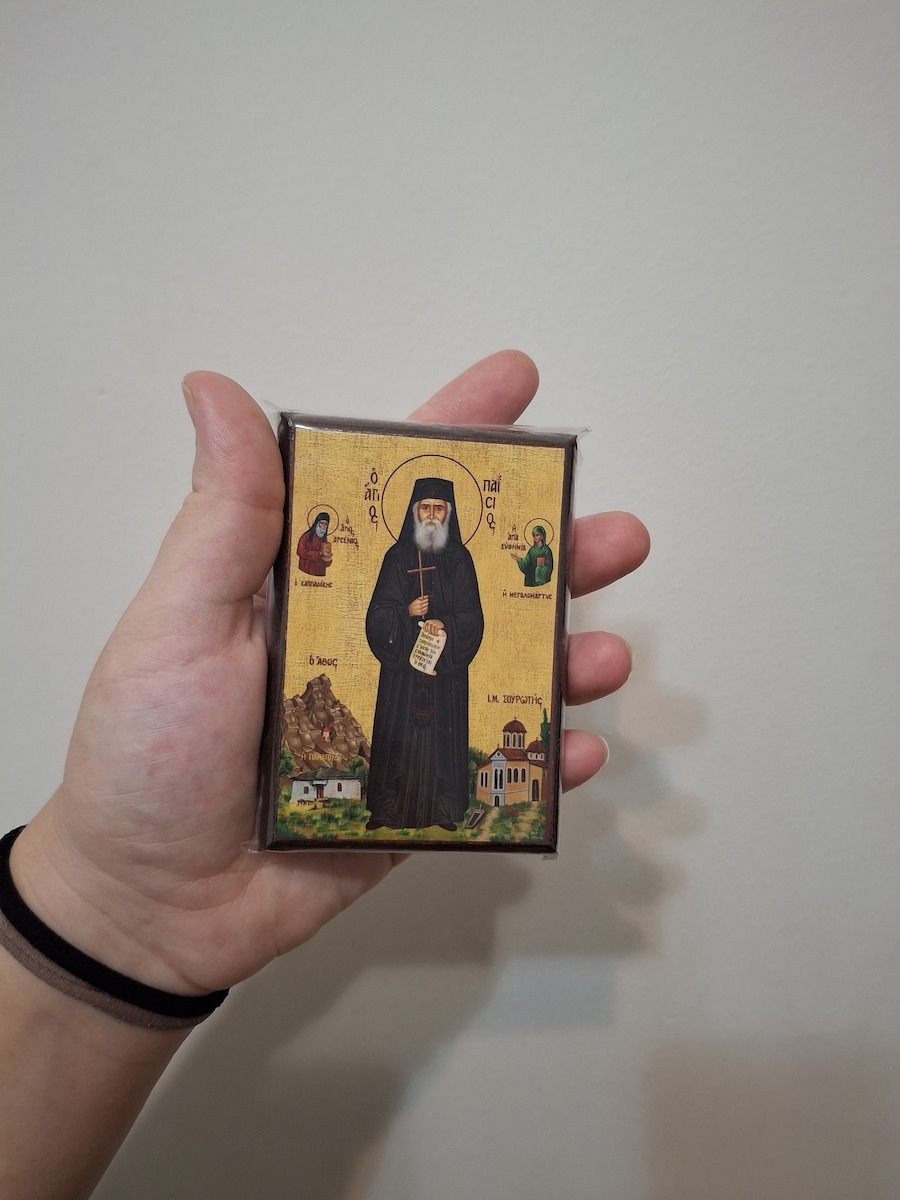 Saint Paisios Mount Athos Full-Body Image in the Holy Monastery of Souroti Paper Frame Category Krn No 00 Dimensions 6.5cm X 9.5cm Wooden MDF S&k Byzantine Icons