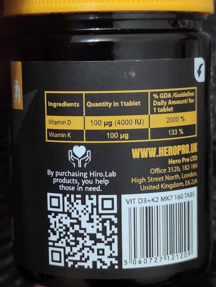 Hiro.Lab D3 + K2 MK7 Βιταμίνη για Ενίσχυση του Ανοσοποιητικού & την Υγεία των Οστών 4000iu 160 ταμπλέτες