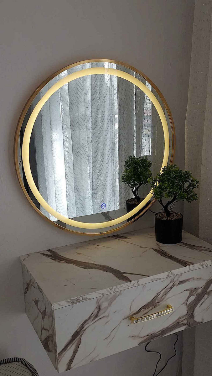 HomeMarkt Wall Mirror with Gray Metallic Frame & LED Lighting Diameter 60cm 1pcs