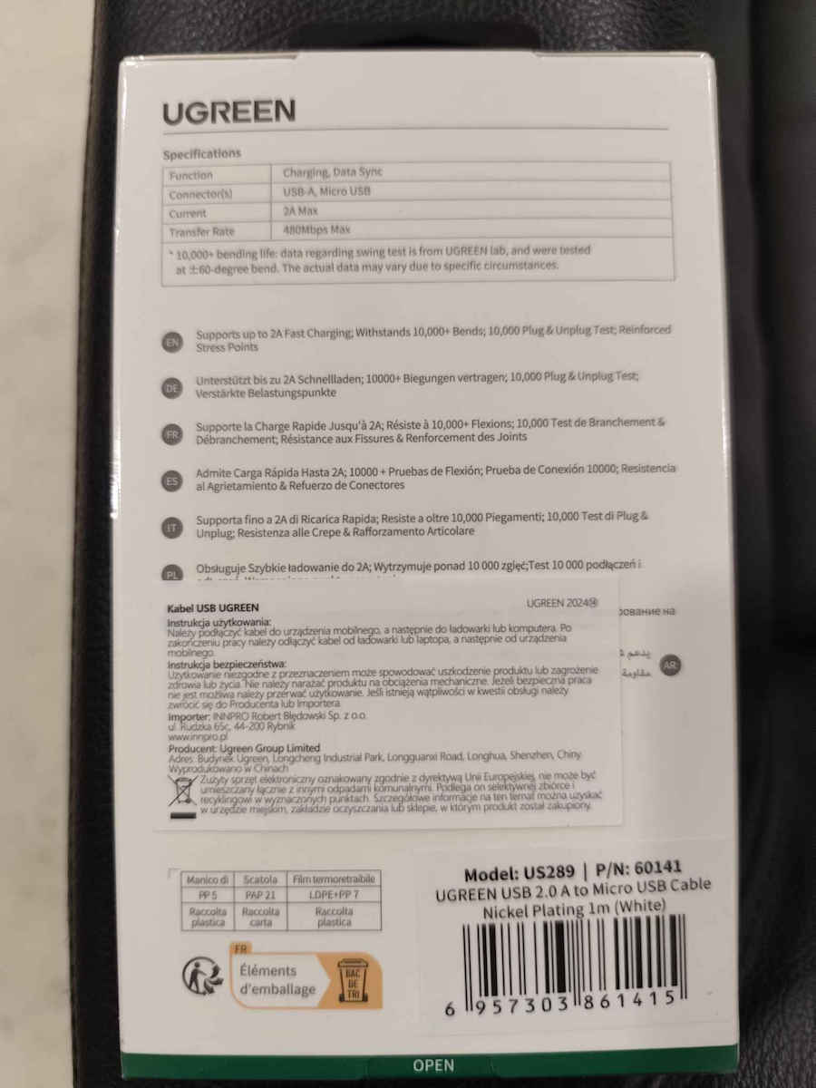 Ugreen US289 1m Regular USB 2.0 to micro USB Cable White (60141)