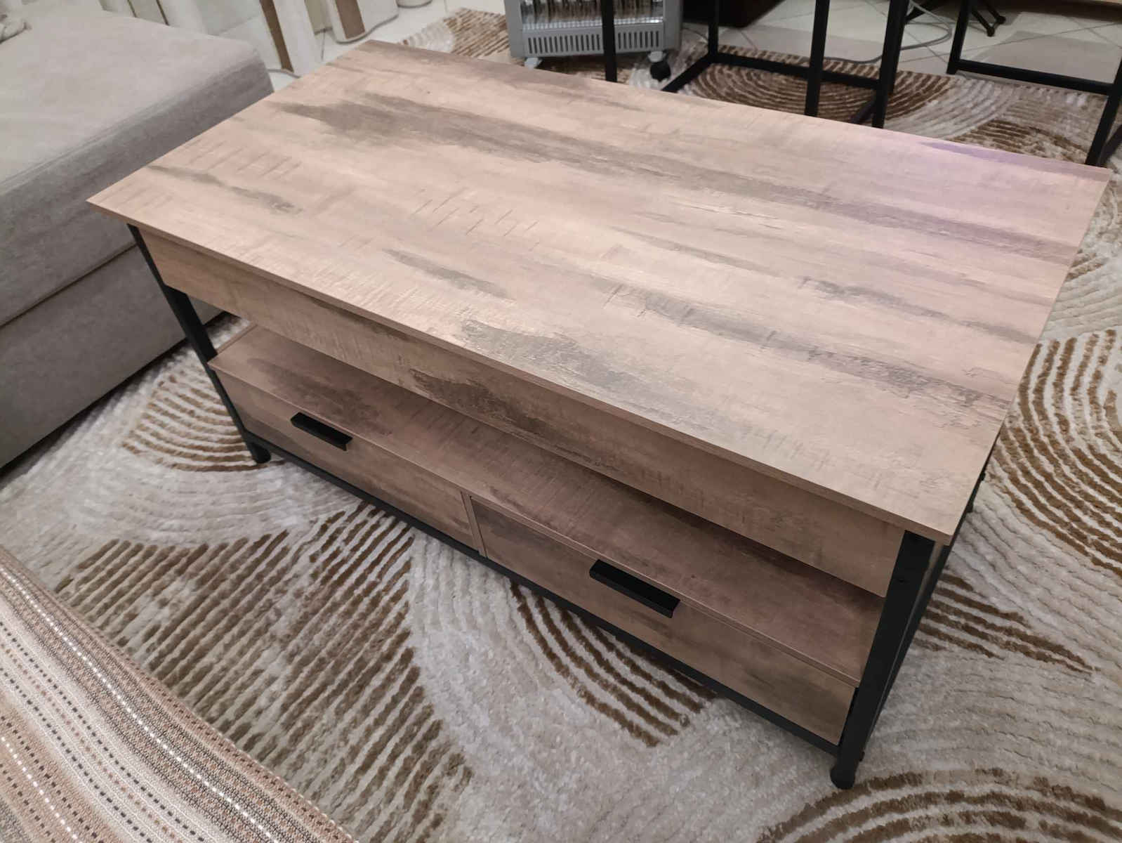 Rechteckiges Zentral Kaffeetisch Holz mit Hebemechanismus und Schubladen Anthrazit M100xB50xH48cm