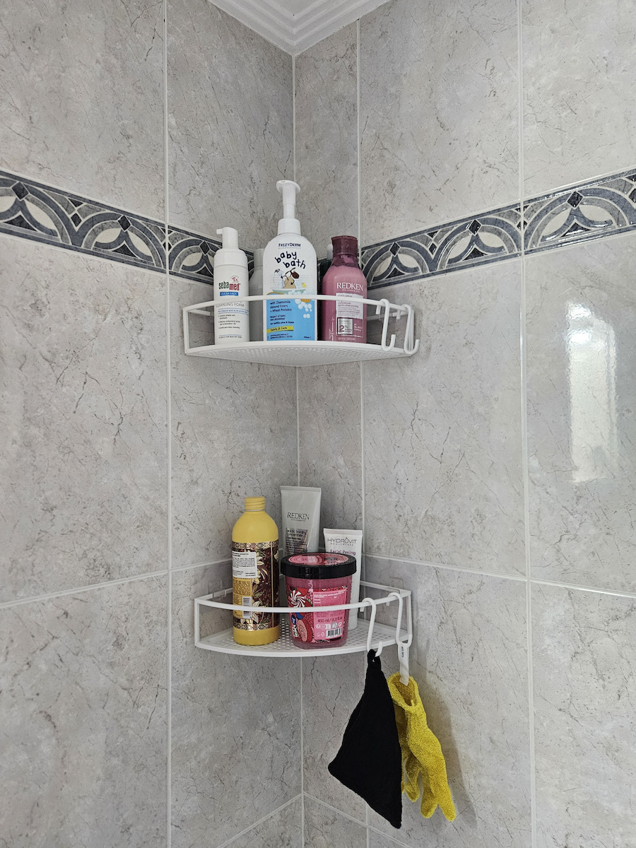 Umbra Cubico Corner Wall Mounted Bathroom Shelf Metallic with 2 Shelves and Suction Cups 23x23x8cm White