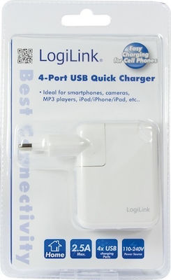 LogiLink Wall Adapter in White Colour (Universal Wall Charger 4x USB Ports)