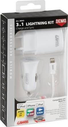 Lampa Σετ Αυτοκίνητου και Πρίζας με Θύρα USB-A και Καλώδιο Lightning Λευκός (L3894.3)
