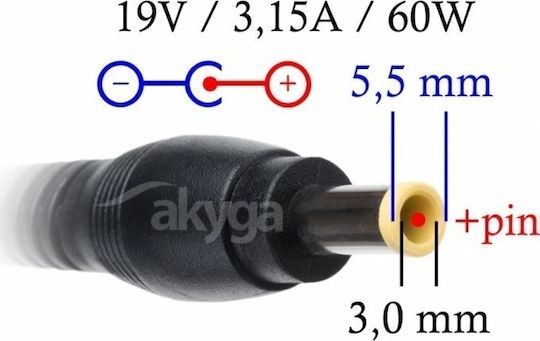 Akyga Notebook Adapter Φορτιστής Laptop 60W 19V 3.15A για Samsung χωρίς Καλώδιο Τροφοδοσίας