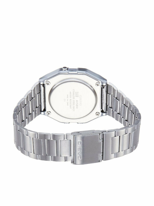 Casio Vintage Iconic Ψηφιακό Ανδρικό Ρολόι 34mm Μπαταρίας με Ασημί Μεταλλικό Μπρασελέ