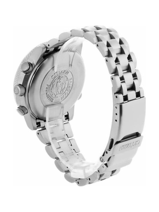 Citizen Promaster World Time Ανδρικό Ρολόι 44mm Χρονογράφος Eco - Drive με Ασημί Μεταλλικό Μπρασελέ