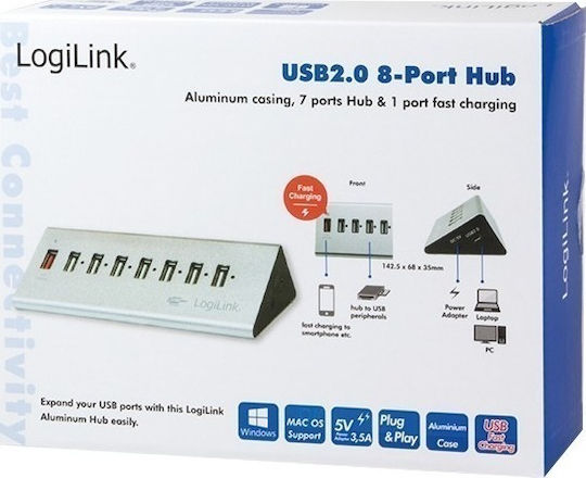 LogiLink USB-Hub 7 Anschlüsse USB 2.0 mit USB-A Anschluss Grau