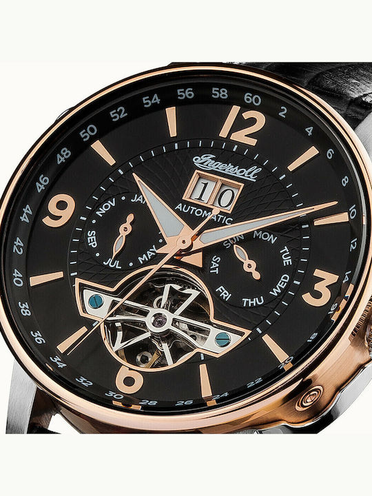 Ingersoll Grafton Automatic Ανδρικό Ρολόι 42mm Χρονογράφος Αυτόματο με Μαύρο Δερμάτινο Λουράκι