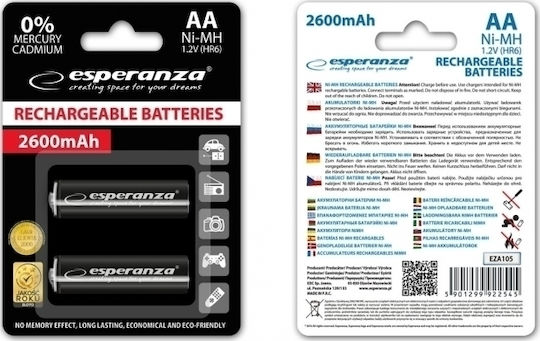 Esperanza Επαναφορτιζόμενες Μπαταρίες AA Ni-MH 2600mAh 1.2V 2τμχ