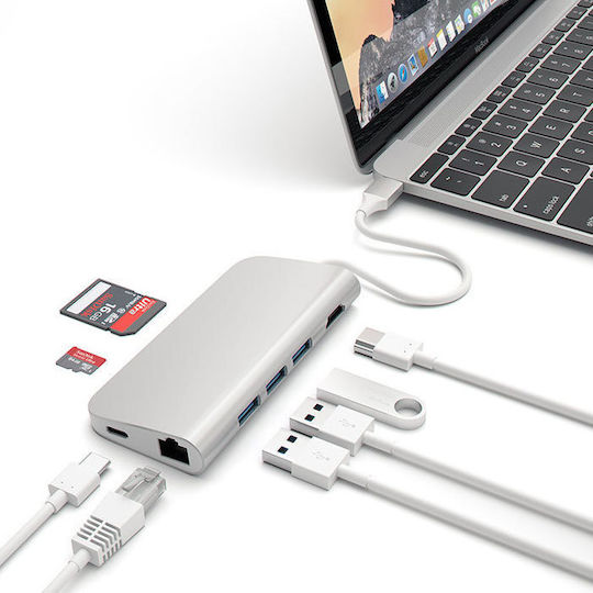 Satechi Aluminum Multi-Port Adapter 4K USB-C / USB-A Docking Station με 4K PD Ethernet Ασημί