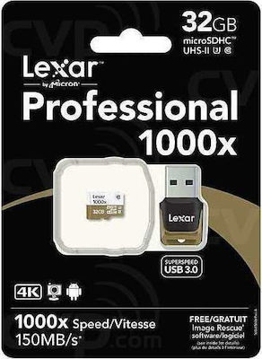 Lexar Professional 1000x microSDHC 32GB Class 10 U3 UHS-II with USB Reader