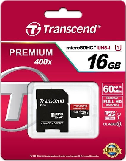 Transcend Premium 400x microSDHC 16GB Class 10 U1 UHS-I with Adapter