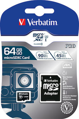 Verbatim Pro microSDXC 64GB Class 10 U3 UHS-I with Adapter