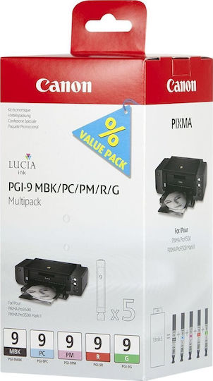Canon PGI-9 Γνήσιο Πακέτο 5 Μελανιών Εκτυπωτή InkJet Matte Μαύρο / Photo Κυανό / Photo Ματζέντα / Κόκκινο / Πράσινο (1033B013)