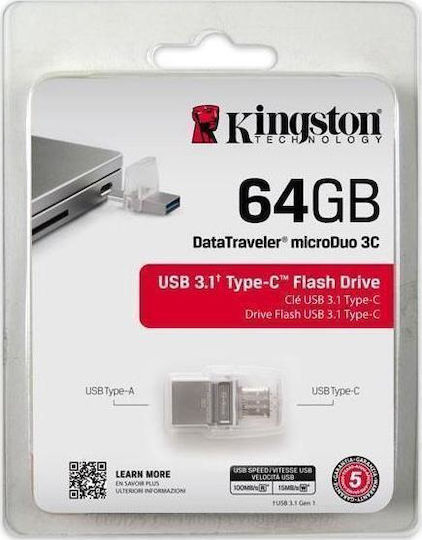 Kingston DataTraveler microDuo 3C 64GB USB 3.1 Stick με σύνδεση USB-A & USB-C Ασημί