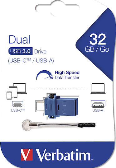 Verbatim Dual Drive 32GB USB 3.0 Stick με σύνδεση USB-C & USB-A Μαύρο
