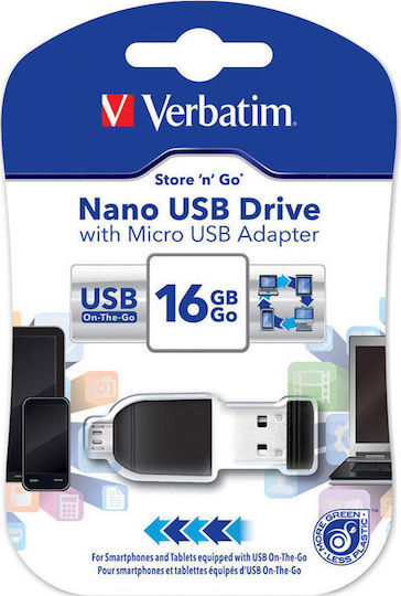 Verbatim Store 'n' Stay Nano 16GB USB 2.0 Stick cu conexiune USB-A & micro USB-B Negru