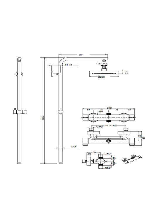 Eurorama Slim Shower Column with Bathtub Mixer 110cm Silver