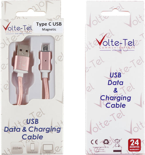 Volte-Tel VCD07 Braided / Magnetic USB 2.0 Cable USB-C male - USB-A Ροζ Χρυσό 1m 8202018