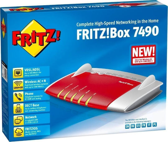 AVM FRITZ!Box 7490 VDSL2 Drahtlos Wi‑Fi 5 mit 4 Anschlüssen Gigabit Ethernet