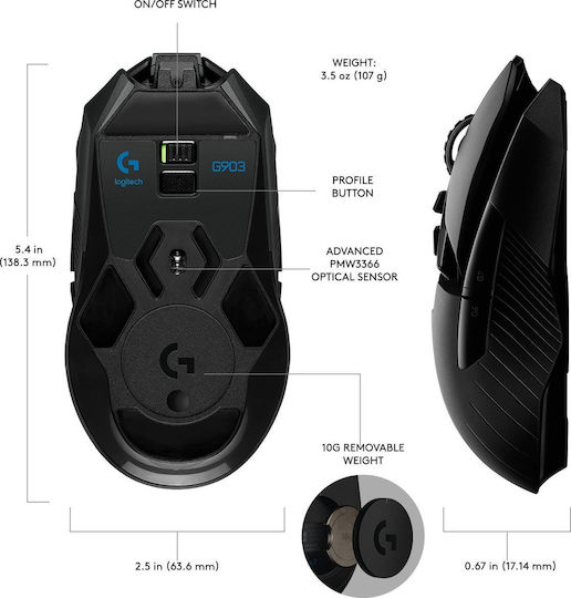 Logitech G903 Безжична RGB Геймърска Мишка 12000 DPI Черен