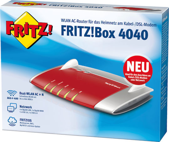 AVM FRITZ!Box 4040 Drahtlos Router Wi‑Fi 5 mit 4 Anschlüssen Gigabit Ethernet