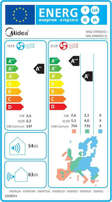Midea Prime 2018 MA2-09NXD0 Inverter-Klimaanlage 9000 BTU A++/A+ mit Ionisator
