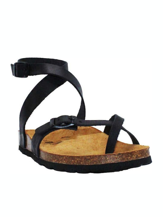 Leather Women's Flat Sandals Anatomic with Strap Black Apure