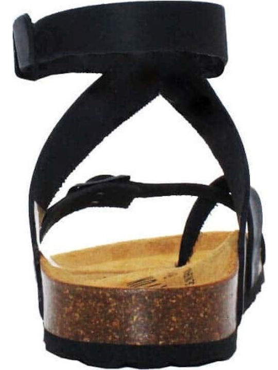 Leather Women's Flat Sandals Anatomic with Strap Black Apure