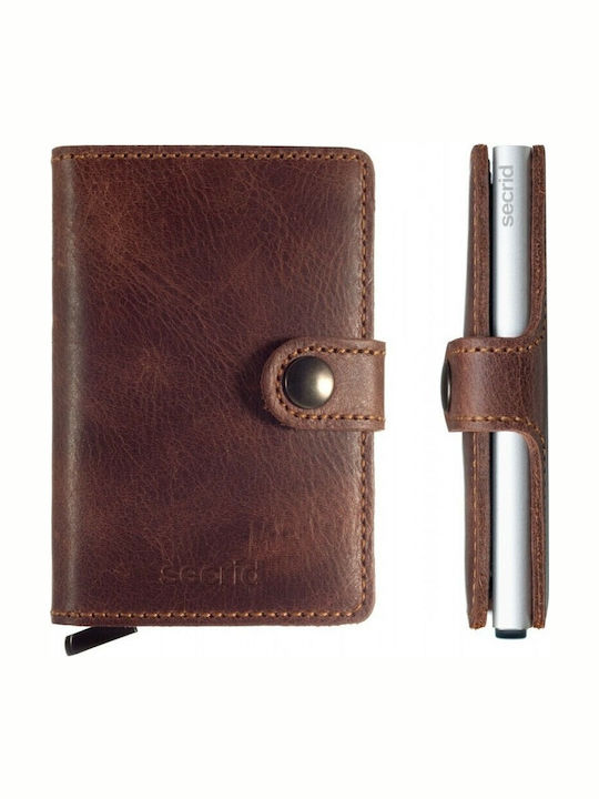 Miniwallet Vintage Δερμάτινο Ανδρικό Πορτοφόλι Καρτών με RFID και Μηχανισμό Slide Καφέ/Ασημί