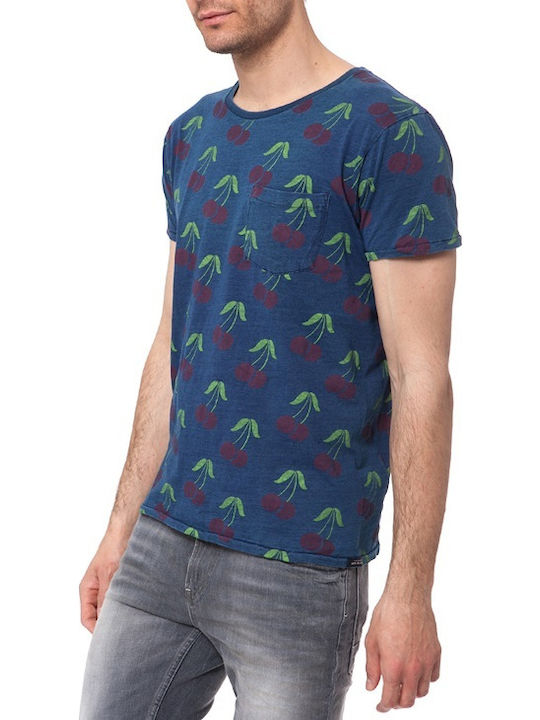 Scotch & Soda Printed Indigo T-shirt Bărbătesc cu Mânecă Scurtă Albastru